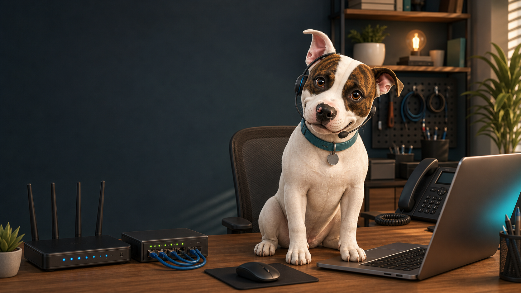 Animated American Staffordshire Terrier beside home office IT equipment